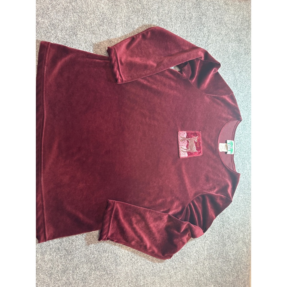 Vintage Coconut Bay Burgundy Velour Reindeer Patch Top L Made in USA Holiday